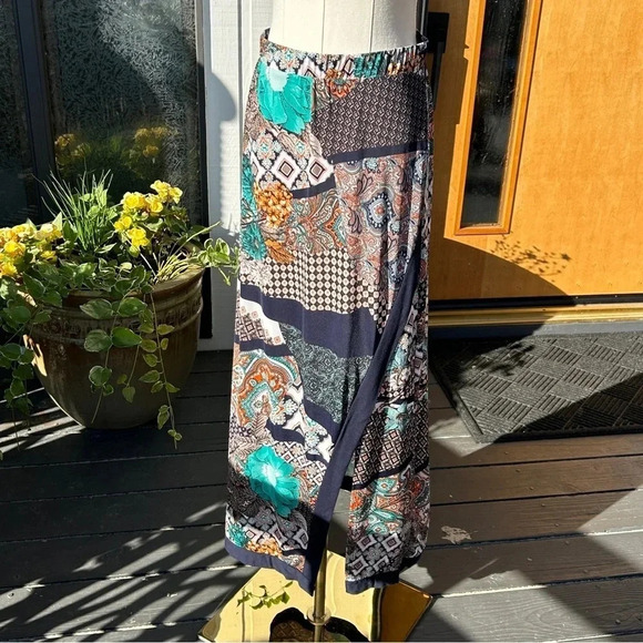 Boho Chic Patchwork Colorful Satin Feel Mixed Print Long Maxi Skirt / Women’s M - Picture 5 of 7